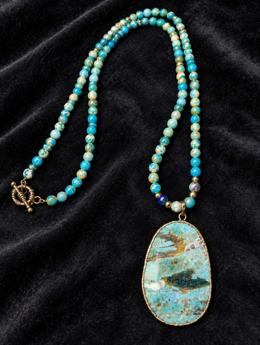 Vintage Turquoise Beaded Statement Necklace Oversized Stone Pendant Boho CC